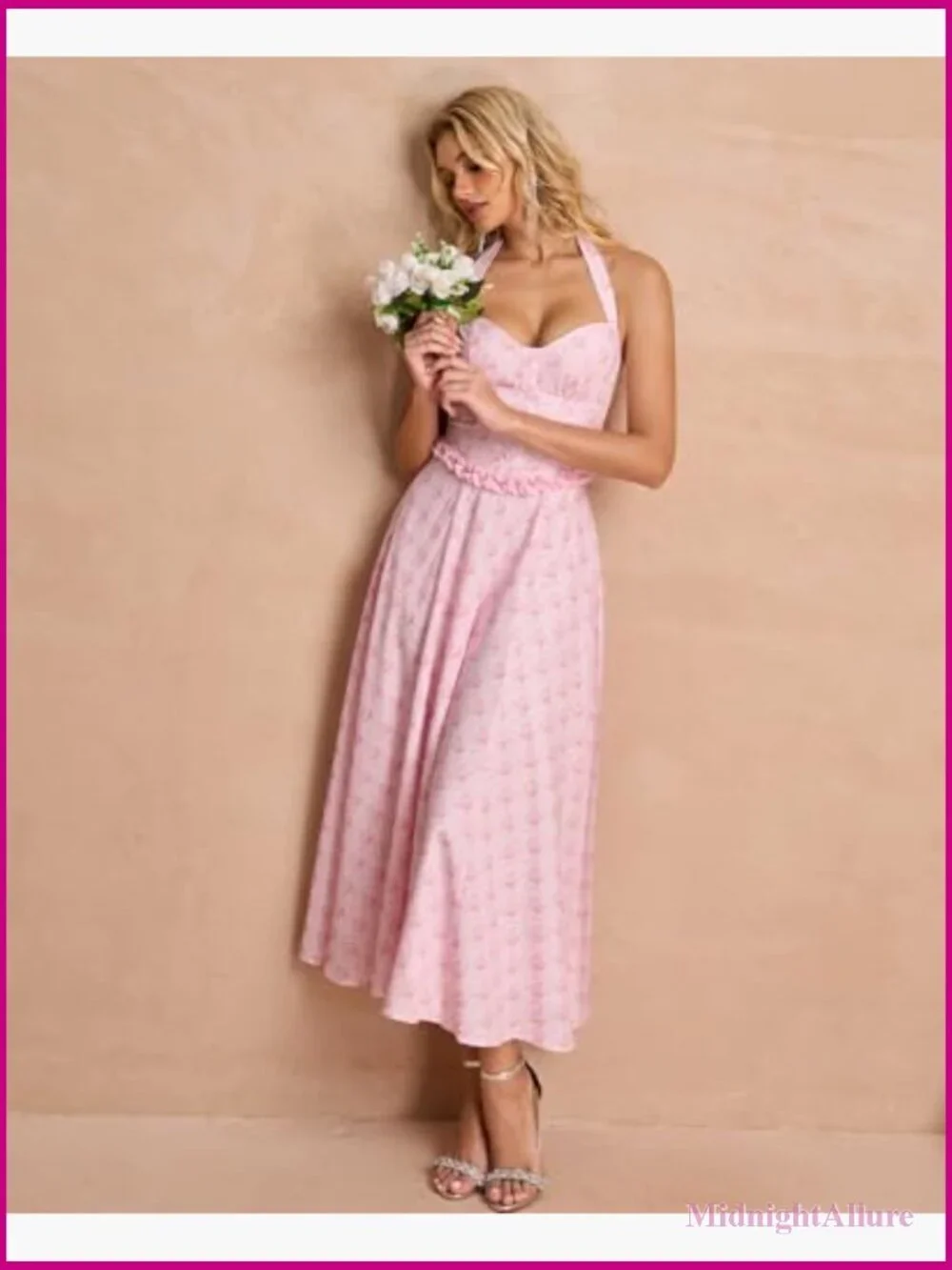 Floral Halter Corset Wrap Midi Dress A-Line Sweetheart Neckline Summer Tea Party